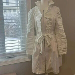 [M]Samuel Dong White Bubble Sleeves  Belted Dress Trench Coat